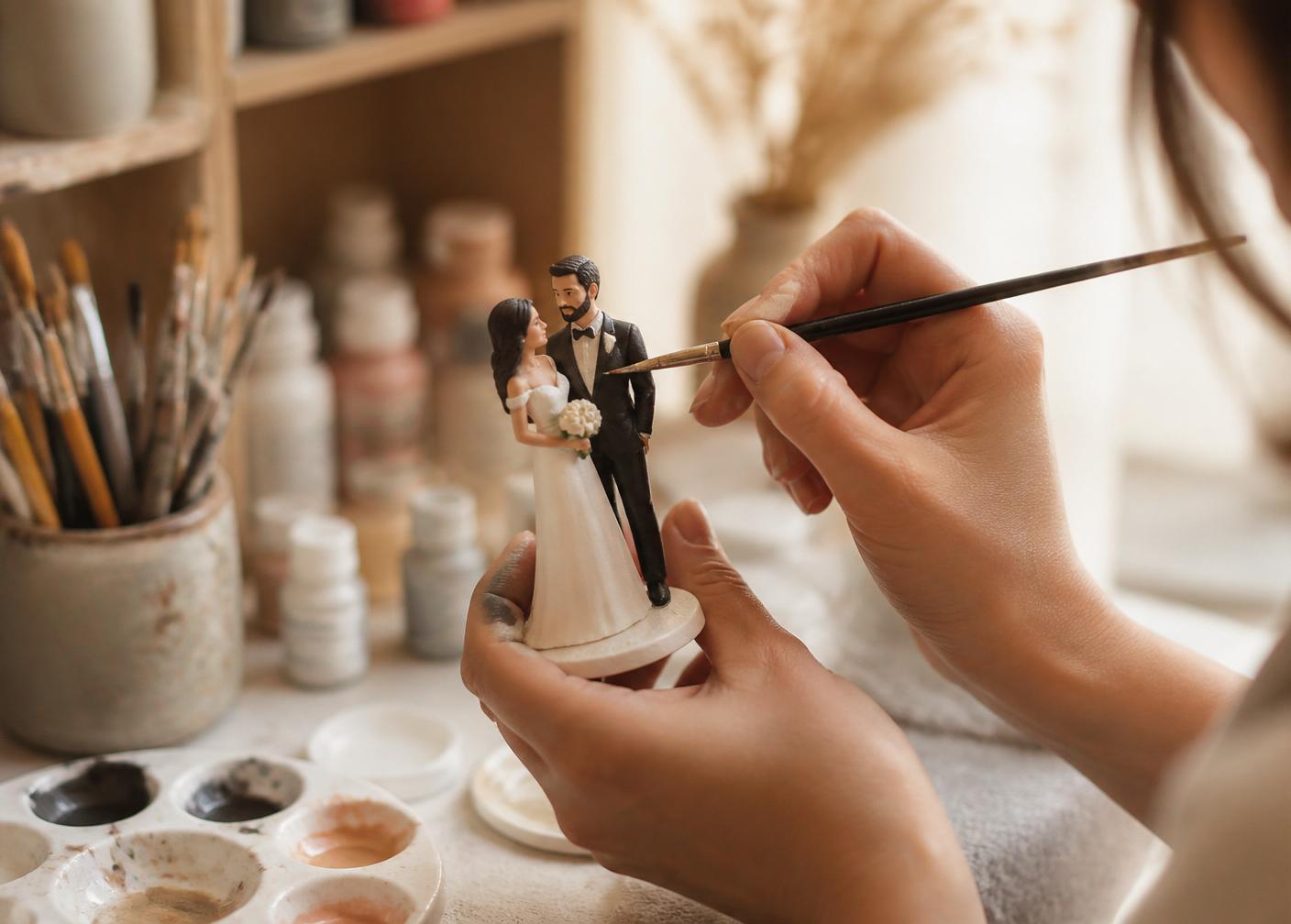 Hands painting a small wedding figurine with a fine brush
